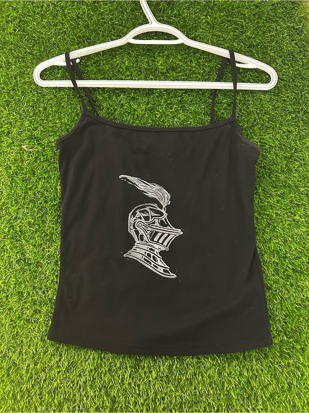 Garage Black Spaghetti-Strap Tank with Silver Knight Helmet Graphic